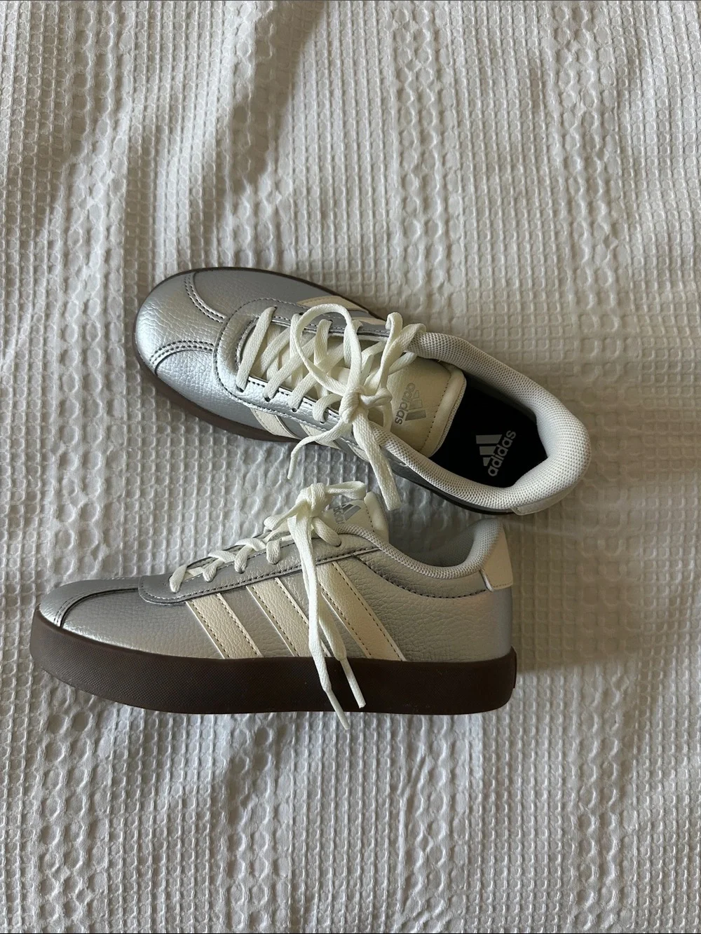 adidas Kids Silver and White Sneakers with Brown Sole